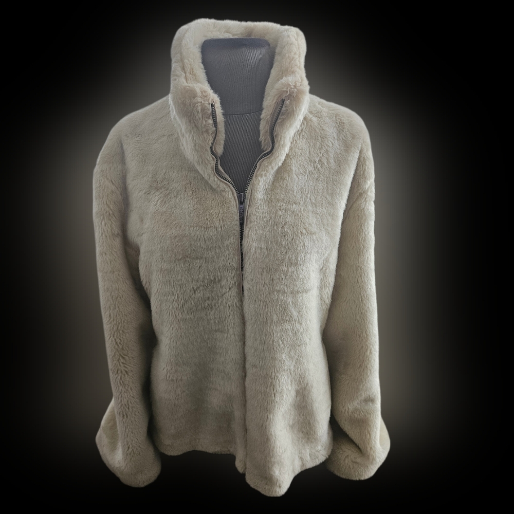 "Furry" faux fur short, light beige colored jacket with zipper front